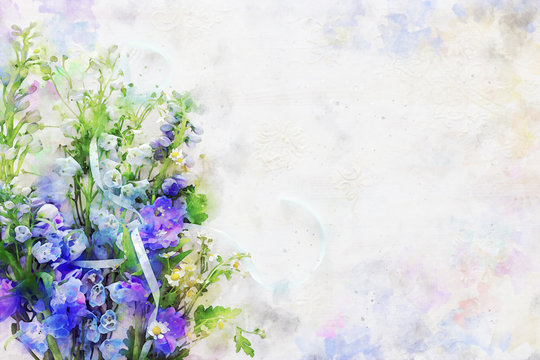 watercolor style illustration and blue and purple flowers
