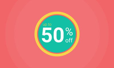 Special offer sign for a discount up to 50% off. Vector has a coral background and a sale sticker with yellow, teal and text in white. Great for store and shopping promotions.