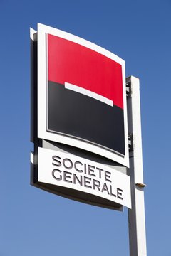 Nimes, France - July 1, 2018: Societe Generale logo on a panel. Societe Generale is a French multinational banking and financial services company headquartered in Paris