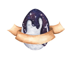 Cosmic coloring of Easter eggs. night sky and dripping down. Easter egg and Ribbon. Color paint flowing on egg. Isolated on white. Concept Easter painted eggs. Watercolor illustration.