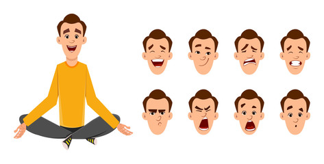 Young man doing yoga or relax meditation. businessman character with different type of facial expression