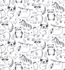 Vector seamless pattern with hand drawn animals. Black and white endless background.