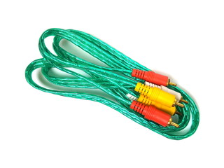 Close up of audio and video connector with green cable isolated on white background. Audio equipment.