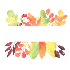 Watercolor autumn frame with leaves, branches and plants