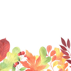 Watercolor autumn green, orange and red leaves set