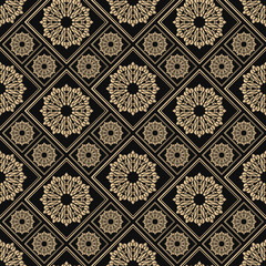Islamic vector design. Seamless pattern oriental ornament. Black and golden textile print. Floral tiles.