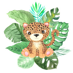 Watercolor cute cartoon leopard animal