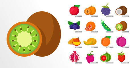 fruit flat icon set with apple, mango, kiwi