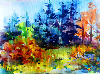 Watercolor colorful bright textured abstract background handmade . Mediterranean landscape . Painting of architecture and vegetation of the sea coast , made in the technique of watercolors from nature