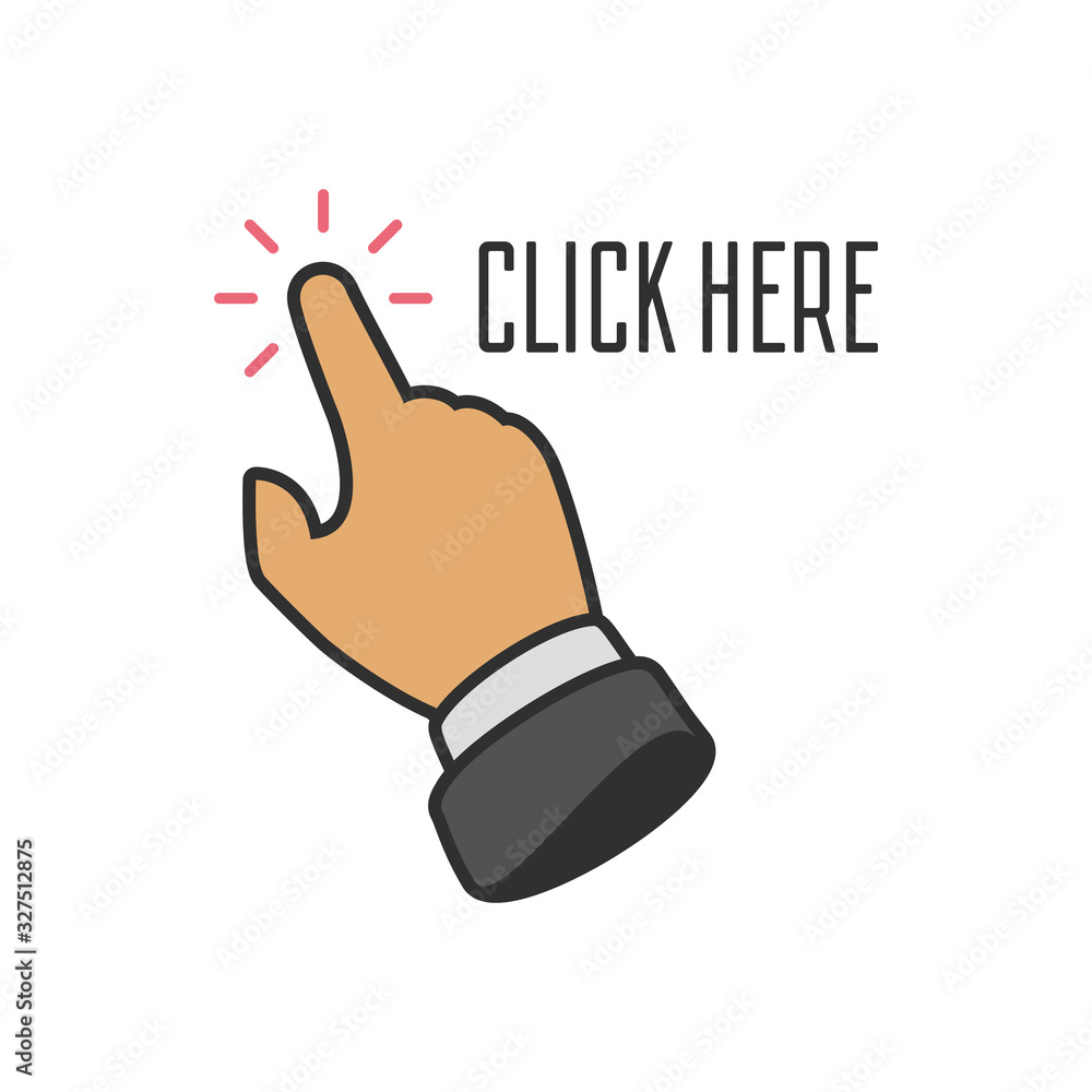 Fototapete click here button with hand pointer clicking. vector click web sign cursor symbol. illustration in f
