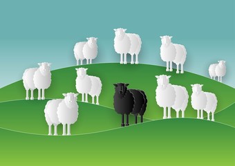 Black sheep stand in middle of White sheep group in Paper cut Style. Lamb family farm. Papercut of different 2 color sheep. Vector illustration