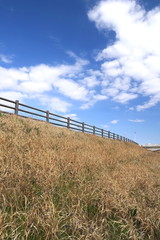 Obraz premium 早春の放水路土手と青空