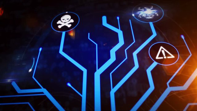 Cyber ​​attack, crime, cybercrime, security alert, hacking, virus and computer protection symbols 3d rendering abstract concept animation. Futuristic icons modern background.