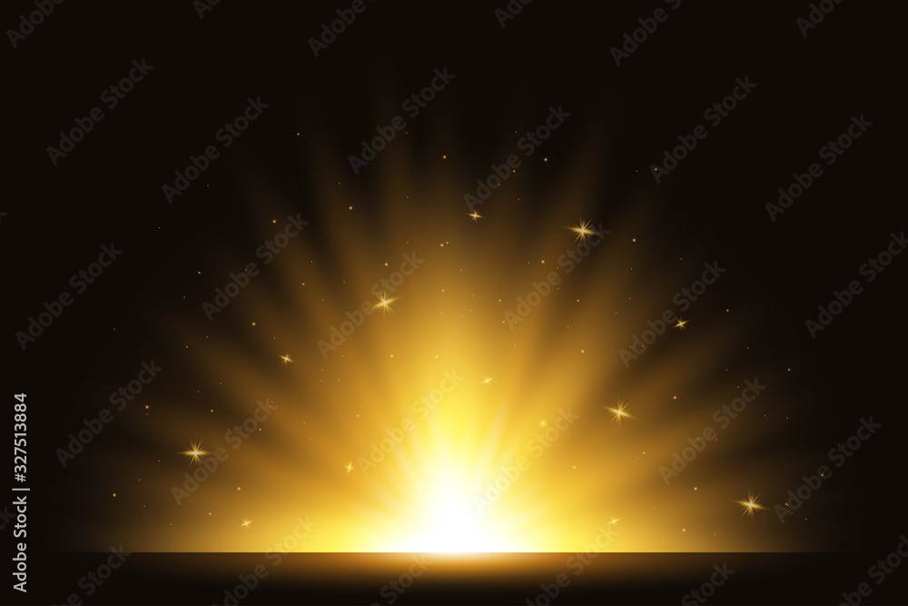 Poster golden light rising up. exploding flash, star burst and yellow sparkle. light effect, golden glowing