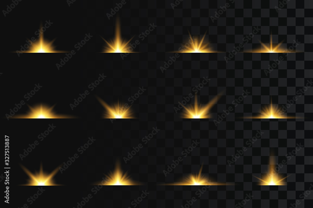 Poster Set of exploding flashes, star burst and yellow sparkles on transparent background. Light effect, golden glowing flash with gold neon rays and lights. Collection of half flares. Vector illustration.