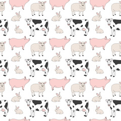 Seamless pattern with farm (domestic) animal - cow, sheep, pig and rabbit on white background. Cute print with colored graphic elements for textile, fabric, wrapping paper, scrapbooking, web design