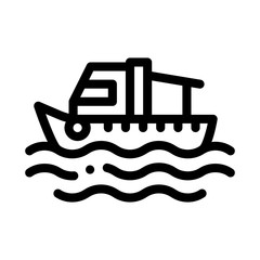 Obraz premium Fishing Boat On Water Wave Icon Thin Line Vector. Motor Boat, Sea Transport, Cruise Motorboat Concept Linear Pictogram. Monochrome Outline Sign Isolated Contour Symbol Illustration