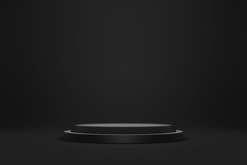 Black podium or pedestal display on dark background with cylinder stand concept. Blank product...