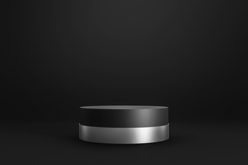 Black podium or pedestal display on dark background with cylinder stand and silver ring concept. Blank product shelf standing backdrop. 3D rendering.