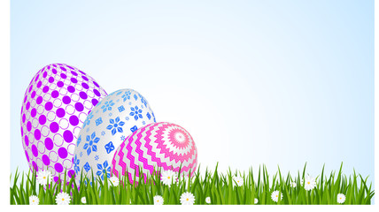 Easter greeting card template. Easter eggs on green grass with daisies.