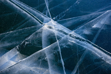 Methane Bubbles in the Baikal Ice.ice and cracks on the surface of Lake Baikal, Winter.Top view....