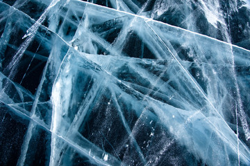 Methane Bubbles in the Baikal Ice.ice and cracks on the surface of Lake Baikal, Winter.Top view. Winter texture.Air bubbles in ice.Baikal ice. Crystal clear drinking water. 