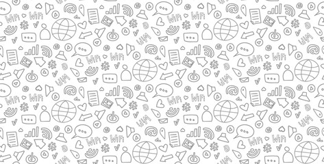 Social media sketch vector seamless doodle pattern  gray icons on a white background