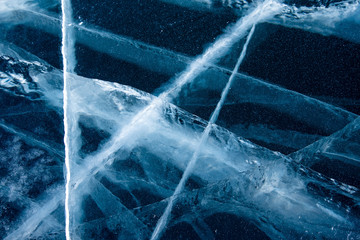 Methane Bubbles in the Baikal Ice.ice and cracks on the surface of Lake Baikal, Winter.Top view....