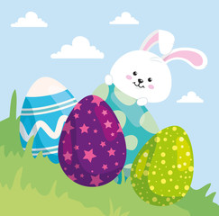 cute rabbit with eggs easter decorated vector illustration design