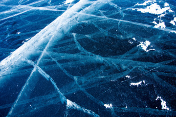 Methane Bubbles in the Baikal Ice.ice and cracks on the surface of Lake Baikal, Winter.Top view. Winter texture.Air bubbles in ice.Baikal ice. Crystal clear drinking water. 