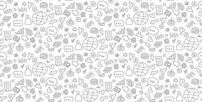 Social media sketch vector seamless doodle pattern  gray icons on a white background