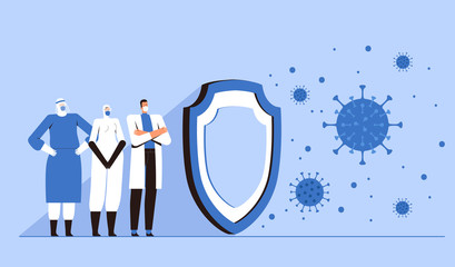 Protective medical personnel stand behind a large shield and protect the world from the new 2019-nCoV coronavirus. COVID-2019 virus control concept