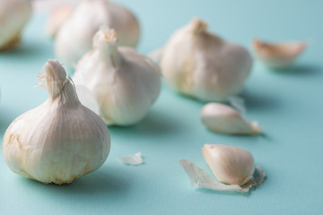 A lot of garlic on a light blue background. Close up, horizontal photo