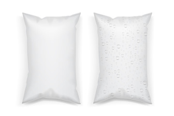 Naklejka premium plastic white food packaging in drops isolated on white background mock up