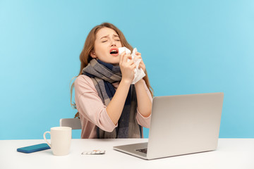 Flu-sick girl sneezing in tissue, ill freelance woman coughing suffering fever, seasonal influenza symptoms while working on laptop at home office, syndrome allergy. indoor studio shot blue background - Powered by Adobe