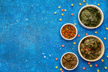 Assorted different types of food for aquarium fish. Flakes, spirulina, pills, mixture. Navy blue sea background