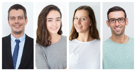 Fototapeta premium Happy confident different people studio shot collage. Men and woman of different ages posing for camera. Multiscreen montage, split screen collage. Studio portraits concept
