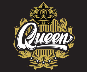 Vector template with calligraphic inscription Queem, crown and wreath on black background