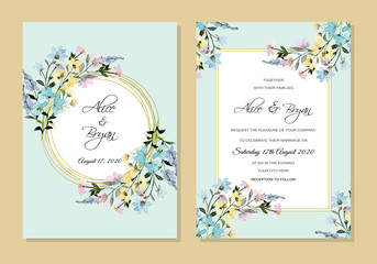 wedding invitation floral watercolor with soft blue background