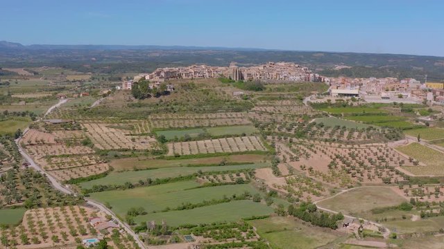Aerial landscape of Horta de Sant Joan village (called Orta),located in a picturesque spot on a hill near mountain range called the Ports of Beceite, Tarragona, Spain