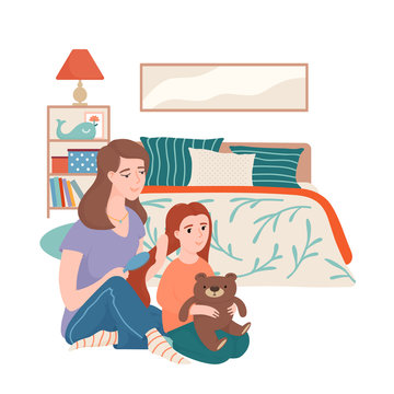 Mother combing hair of her little daughter with a brush, both sitting on the floor in bedroom with bed, shelf stand, lamp and picture on the wall, happy motherhood, flat cartoon vector illustration