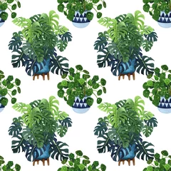 Door stickers Plants in pots Watercolor houseplants growing in pots seamless pattern. Hand drawn floral bouquet, indoor plants and cactus in flowerpot. Greenery seamless 