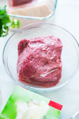 Lifestyle photo, Beef in glass bown on kitchen table