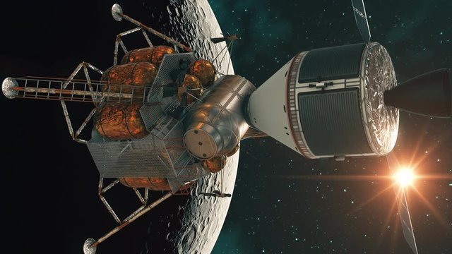 Interplanetary Space Station On Background Of The Moon. 4K. Ultra High Definition. 3D Animation. 