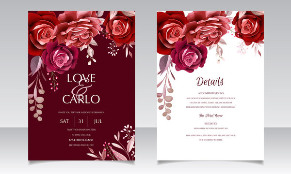 Elegant wedding invitation card template design with maroon rose flower and leaves