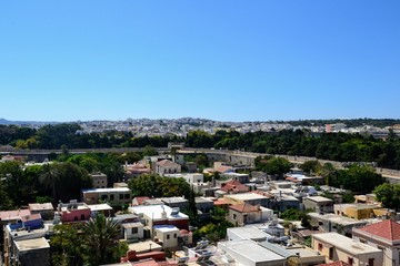 Rhodes, Greece. Aerial view, panorama of Rhodes town with buildings of the city and old walls