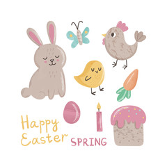 Set of cute Easter cartoon characters and design elements. Easter bunny, butterfly, pie, chicken, chick, egg and carrot, lettering. Vector illustration on white.
