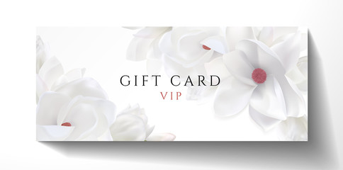 Gift card design for VIP invite. White background with magnolia flowers. Vector template useful for wedding gift certificate, anniversary  invitation, 8 March greeting, funeral thank you card