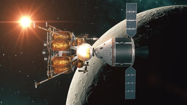 Undocking Of The Capsule Of Space Station And Lunar Lander On Background Og The Moon. 4K. 3D Animation. 3840x2160.