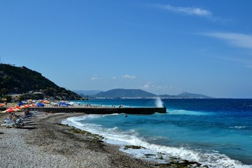 Rhodes town and seaside. West coast of Rhodes island near the city of Rhodes, Greece. Rodos Island...